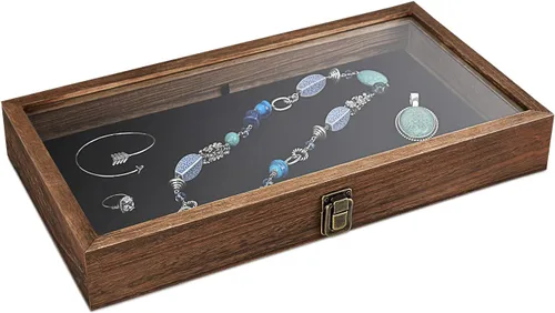 Alhajerocaja para almacenar cuentas con tapa de vidrio templado y terciopelo negro. Caja de muestra de medallas, premios, alhajas y cuchillos.