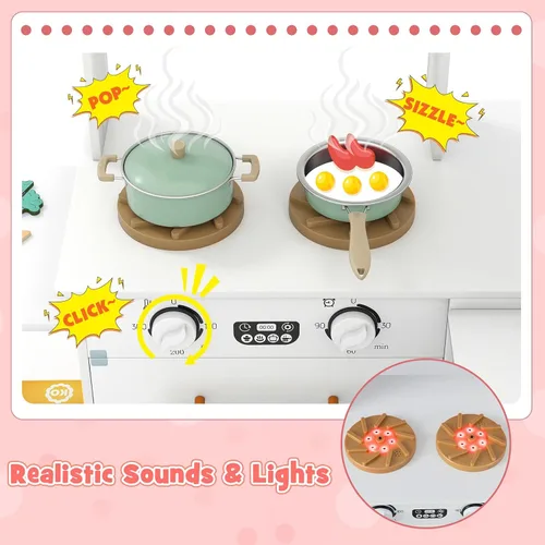 Miniatura 9 de HONEY JOY Cocina de Juego de Esquina con Carrito Rodante, Juego de Cocina de Juguete de Madera de Simulación con Luces, Máquina de Hielo, Estufas