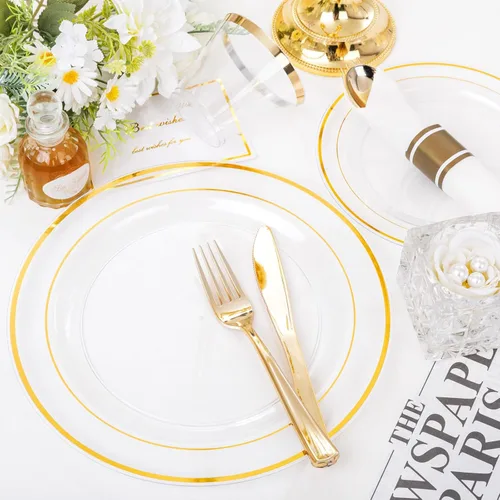 Miniatura 8 de WELLIFE 350 platos de plástico dorado transparente, 100 platos desechables, 150 cubiertos de plástico, 50 tazas, 50 servilletas para bodas y fiestas