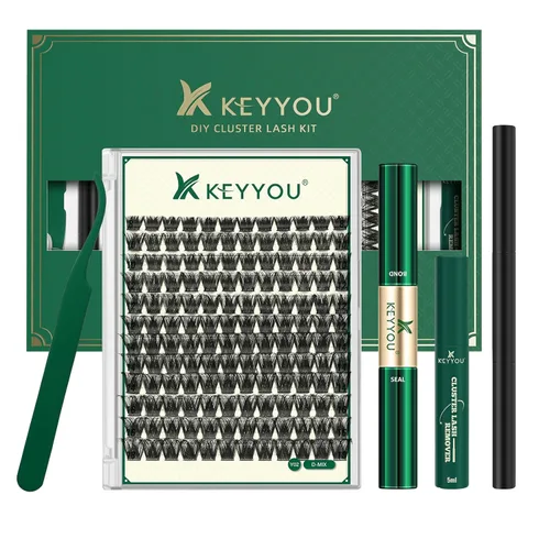 Kit de racimos de pestañas KEYYOU 144 piezas, racimos de pestañas de volumen grueso ondulado D, kit de extensión de pestañas con cepillo de rímel,