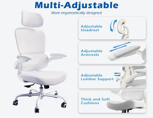 Miniatura 4 de TRALT Silla ergonómica de oficina, silla de escritorio con reposacabezas ajustable, silla de computadora de soporte lumbar, silla cómoda de malla