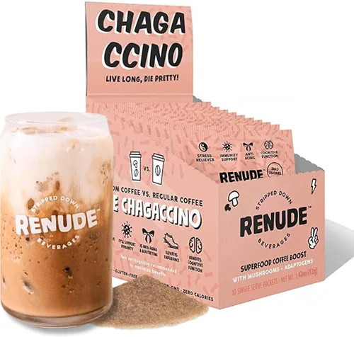 Renude Chagaccino - Polvo de hongos Chaga, mezcla de bebida de café de hongos con adaptógenos, energía natural y apoyo inmunológico, vegano, keto,