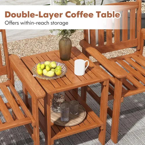 Miniatura 7 de Tangkula Juego de 3 piezas de conversación de patio, asiento de conversación de madera al aire libre con mesa y agujero para paraguas, juego de 3