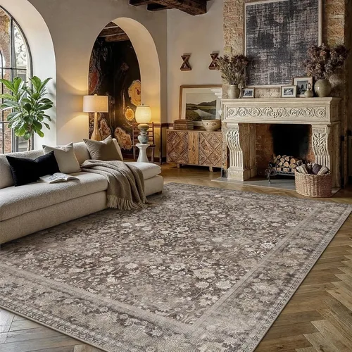 Miniatura 106 de HUGEAR 8x10 Alfombras lavables a máquina color marrón para pasillo, alfombra grande de área interior, alfombra de acento floral, alfombra de pelo