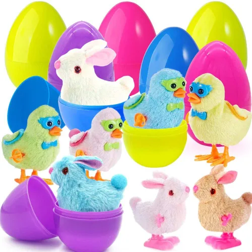 Huevos de Pascua precargados con coloridos conejitos saltadores y pollo para cestas novedosas, recuerdos de fiesta de caza de huevos, paquete de 8