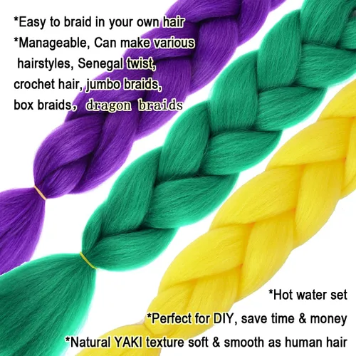 Miniatura 3 de Paquete de 3 extensiones de cabello trenzado de colores de 24 pulgadas, extensiones de cabello sintético para trenzar, morado, verde, amarillo