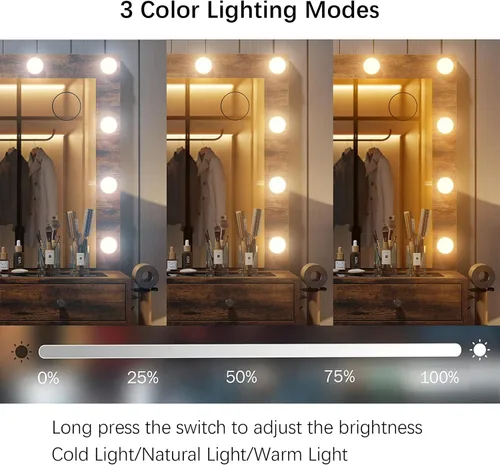 Miniatura 6 de Yanosaku Escritorio de tocador y toma de corriente, mesa de maquillaje con espejo, 12 luces LED y 3 modos de iluminación, 11 cajones, incluye silla