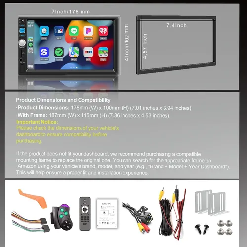 Miniatura 8 de Apple CarPlay inalámbrico y Android Auto, estéreo de coche doble DIN - Pantalla táctil IPS de 7", 1024*600, radio de coche FM, Bluetooth 5.2, 180W