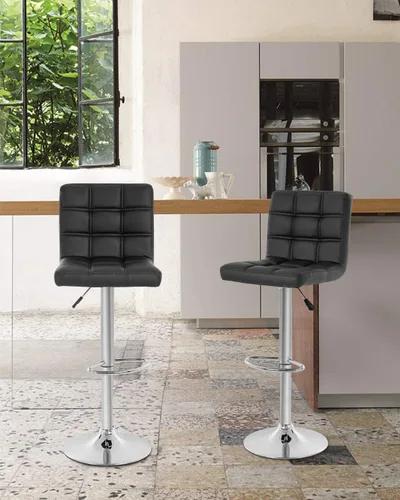 Miniatura 7 de Juego de 2 taburetes de bar de piel sintética con altura de mostrador, taburetes de bar ajustables en altura, silla de bar, taburete de cocina, Negro