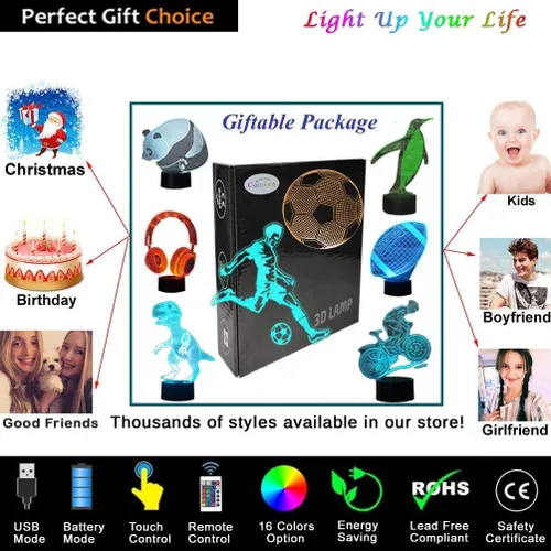 Miniatura 6 de Luz nocturna de ilusión 3D de fútbol, 16 colores regulables, lámpara de noche LED con control táctil y remoto, USB y alimentada por batería