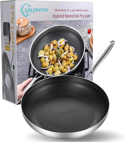 Miniatura 8 de LOLYKITCH Sartén de 9.5 Pulgadas de Acero Inoxidable de Tres Capas, Sartén, Sartén de Cocina por Inducción, Apta para Lavavajillas y Horno, Mango