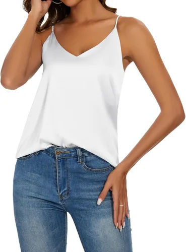 Miniatura 4 de Miqieer Camiseta básica de seda para mujer, con cuello en V, holgada, sin mangas, de satén, para mujer