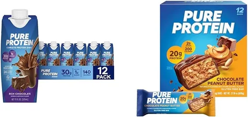Pure Protein Batido y barras de proteína de chocolate, alto contenido en proteínas, aperitivos nutritivos para apoyar la energía, bajo en azúcar,