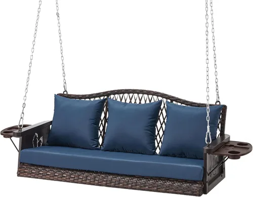 ZZW Columpio colgante de mimbre mejorado para porche, resistente de 900 libras, 3 asientos, para patio, para adultos, con cadenas colgantes de 8.9