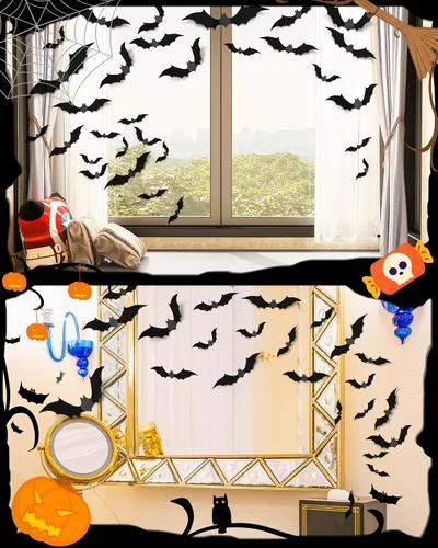 Miniatura 4 de 28 piezas de decoración de Halloween 3D, decoración de murciélagos 3D, 4 tamaños, decoración de Halloween aterradora para interiores, decoración