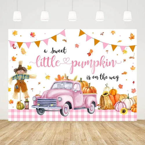 Miniatura 3 de AIBIIN Telón de fondo de calabaza para baby shower de 7 x 5 pies para niñas, otoño y otoño, decoración de fiesta de baby shower, coche rosa