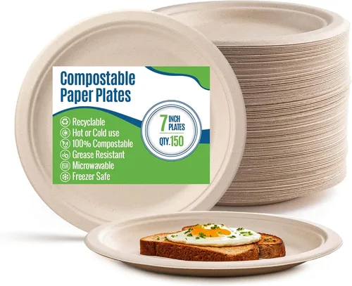 Miniatura 9 de Platos de papel blanco, 7 pulgadas, 150 unidades, fibra de caña de azúcar de grado alimenticio, compostable y biodegradable, para microondas