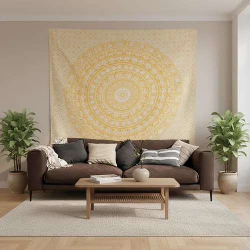 Miniatura 26 de Craft Trade - Tapiz de algodón indio con mandala para pared, decoración estética boho hippie para sala de estar, meditación y dormitorio - Amarillo