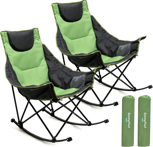 Miniatura 19 de SUNNYFEEL Silla Mecedora de Camping de Gran Tamaño, Silla de Patio Totalmente Acolchada con Bolsillo Lateral, Sillón Reclinable Portátil de Respaldo