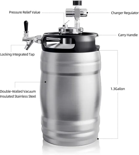 Miniatura 2 de TMCRAFT Growler de barril de cerveza de doble pared de 1.3 galones, sistema dispensador de cerveza presurizado para el hogar con lanza de barril