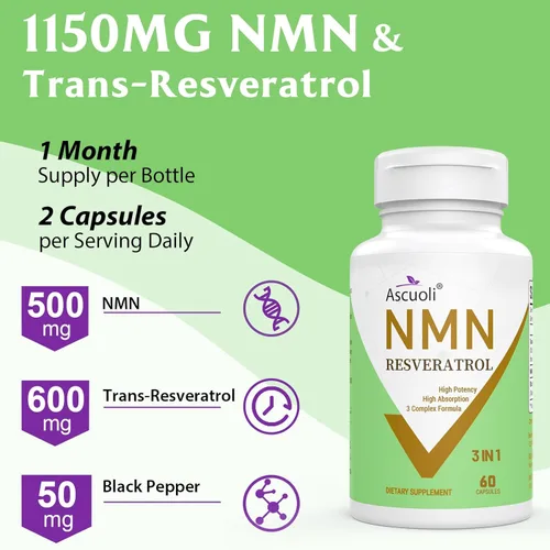 Miniatura 5 de 99% Ultra Pureza NMN 500mg + Trans-Resveratrol 600mg, 1150mg Suplemento de NMN Resveratrol, Fórmula Avanzada 3-en-1 para Impulsar* NAD, Célula