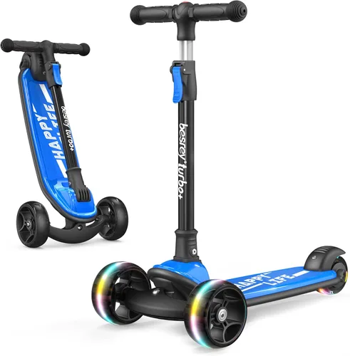 Miniatura 12 de Besrey - Patinete para niños de 3 a 10 años, patinete plegable de 3 ruedas con altura ajustable, ruedas con luz LED, plataforma extra ancha