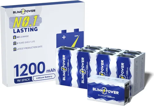 Miniatura 8 de Blinkspower Paquete de 2 baterías de litio de 9 V, batería de 9 voltios de 1200 mAh, batería de 9 V de larga duración para detectores, no recargable
