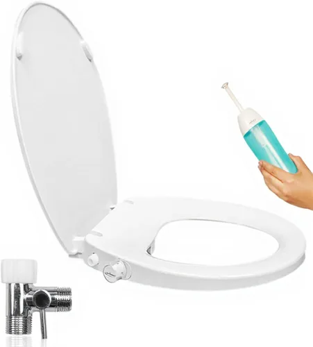 GenieBidet Asiento de inodoro de bidé alargado - Boquillas dobles con adaptador en T y botella - Presión de agua ajustable y asiento de bidé de Lado