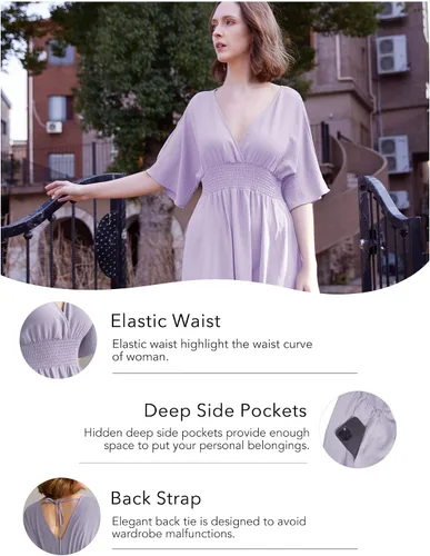 Miniatura 57 de Vestido largo de encaje para mujer de manga corta y cuello en V, vestido de fiesta estilo bohemio con cintura fruncida, vestido bohemio para mujer