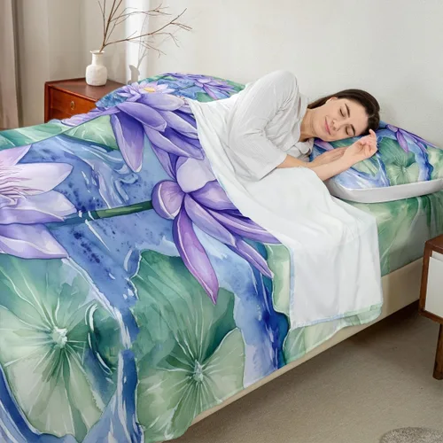 Miniatura 2 de Manfei Juego de sábanas de flor de loto morado, tamaño individual, juego de ropa de cama bohemio con libélula para niños, niñas y adultos, juego