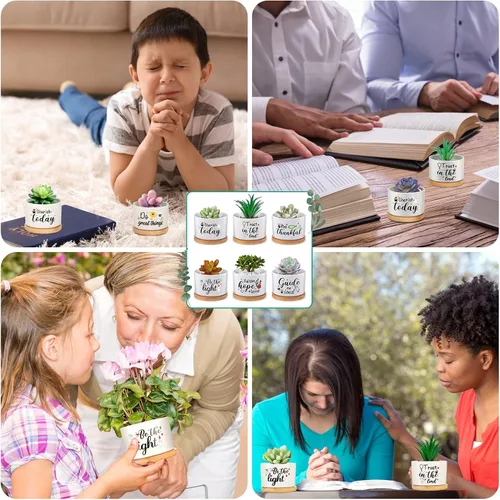 Miniatura 6 de 6 piezas de juego de regalos con versículos de la Biblia cristiana, gracioso juego de macetas para plantas suculentas con bandeja de bambú, maceta
