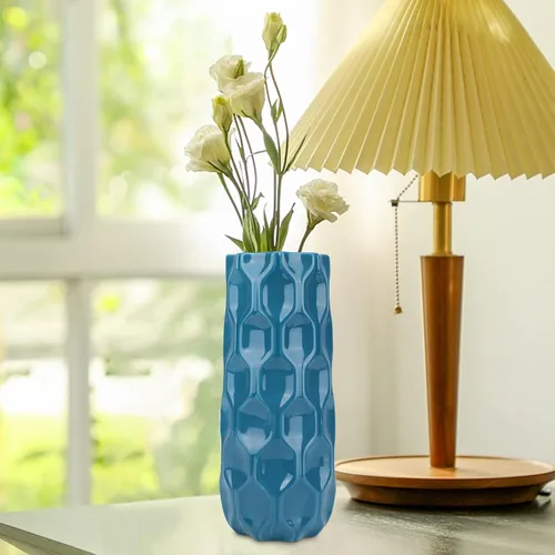 Miniatura 9 de Bdor Jarrón de cerámica, florero de flores de 11 pulgadas, jarrón de panal azul para decoración de habitación, detalles modernos de decoración