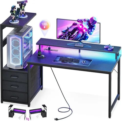 Casaottima - Escritorio de 52 pulgadas para juegos con puertos de carga USB y luz LED - Escritorio reversible para computadora con 3 cajones de