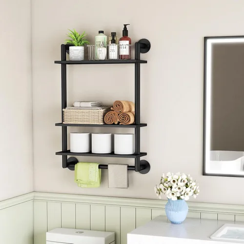 Miniatura 6 de STWWO Estantes de baño montados en la pared, estante de baño negro de 3 niveles con toallero, toallero flotante de acero inoxidable de 26 pulgadas