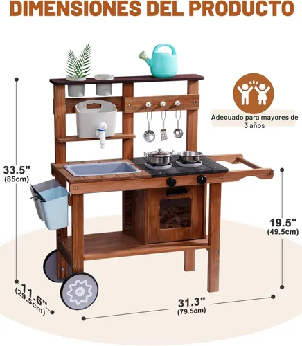 Miniatura 2 de ROBUD Cocina de barro para niños al aire libre con ruedas, cocina de madera al aire libre, cocina de barro para niños con fregadero y grifo