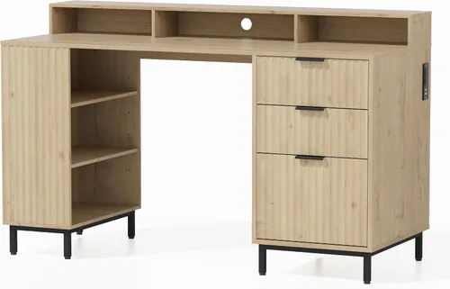 Miniatura 8 de Escritorio ejecutivo de 47 pulgadas con cajón estriado, moderno escritorio de oficina en casa con soporte largo para monitor y 2 cajones, escritorio