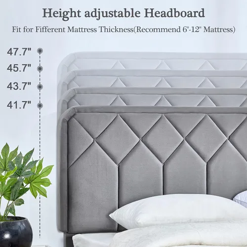 Miniatura 6 de VECELO Base de cama tamaño Queen con plataforma tapizada de cuero de alta calidad con cabecera ajustable en altura / base de colchón, soporte