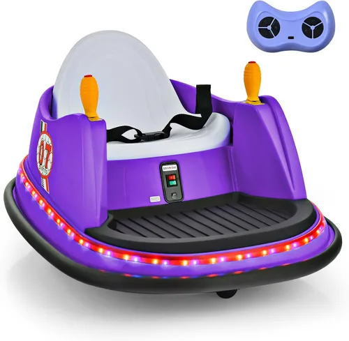 HONEY JOY Coche de parachoques para niños pequeños de 12 V, funciona con batería, joysticks duales, luz LED intermitente y giro de 360 grados, Morado