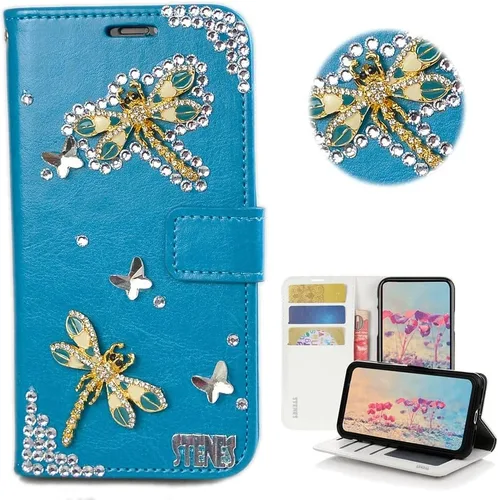 Bling - Funda tipo cartera compatible con Samsung Galaxy S21 Ultra, elegante funda de piel con diseño de libélula y mariposa 3D hecha a mano con Azul