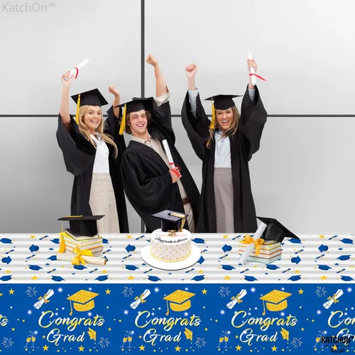 Miniatura 4 de KatchOn Decoraciones de graduación 2026 Mantel de graduación azul y blanco – Paquete de 3, extra grande de 108 x 54 pulgadas Mantel