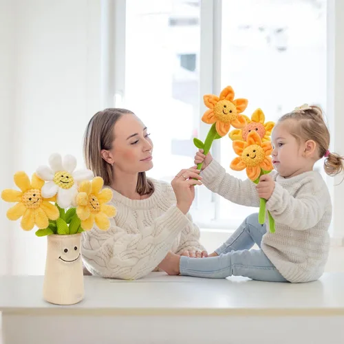 Miniatura 4 de Tezituor 3 piezas de peluche de flores con jarrón suave, ramo de tela de animales de peluche de margaritas de 14 pulgadas, regalo para niñas, novia
