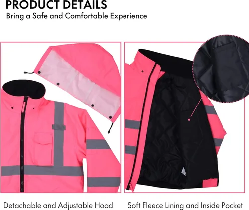 Miniatura 4 de Chaqueta reflectante de alta visibilidad para mujer, impermeable, seguridad ANSI, abrigo de bombardero de invierno, sudadera con capucha Hi Vis