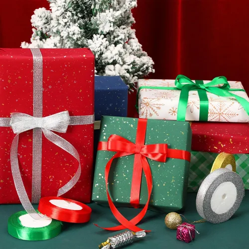 Miniatura 3 de DECYOOL - Cinta de Navidad, 4 rollos de 100 yardas de cintas navideñas para envolver regalos (0.6 in de ancho, rojo, verde, dorado y plateado)