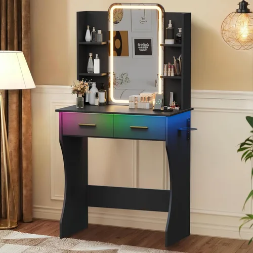 BORNOON Escritorio de tocador con espejo y luces, pequeño escritorio de maquillaje con estación de carga, mesa de tocador de dormitorio con cajones,