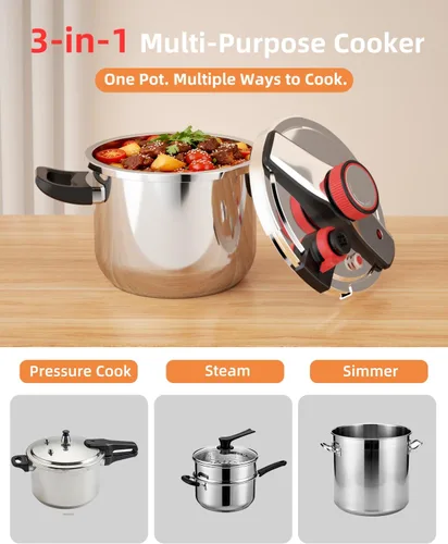 Miniatura 7 de Olla a presión de acero inoxidable de 5.3 cuartos de galón, olla a presión pequeña con tapa de bloqueo con una mano, sistema de seguridad de doble