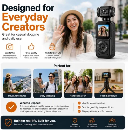 Miniatura 7 de Acuvar Mini cámara de bolsillo 4K con pantalla LCD, cámara de video portátil con WiFi, seguimiento facial, rotación de 270°, tarjeta SD de 64 GB