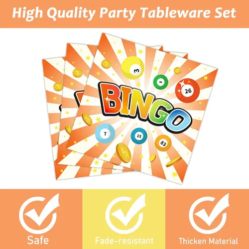 Miniatura 4 de Wiooffen 96 piezas de suministros para fiesta de bingo para 24 invitados, juego de vajilla para fiesta de bingo, decoración para fiesta, bingo