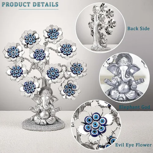 Miniatura 6 de Árbol de la suerte de flores de ojo malvado con elefante hindú plateado Ganesha, estatua de Dios para oficina en casa, adorno de protección Feng