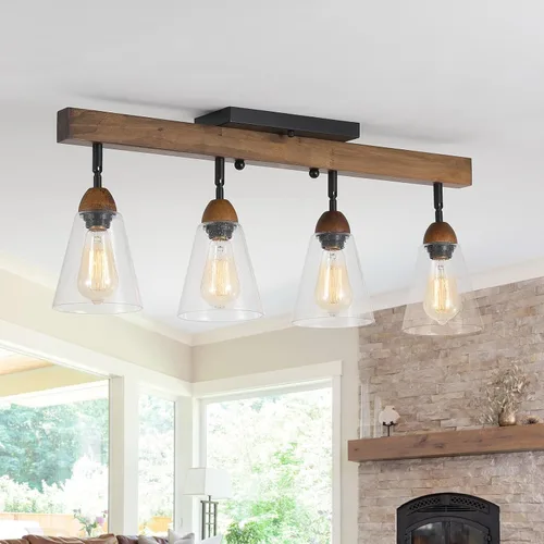 Miniatura 10 de Lámpara de techo rústica de cristal empotrado, mini pantalla de vidrio transparente y madera de roble, lámpara de techo semiempotrada para cocina