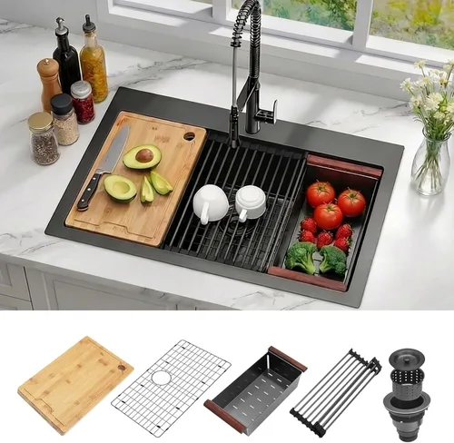 Fregadero de cocina de 33 x 22 pulgadas, color negro, 33 pulgadas de montaje superior, fregadero de cocina de acero inoxidable calibre 16, estación